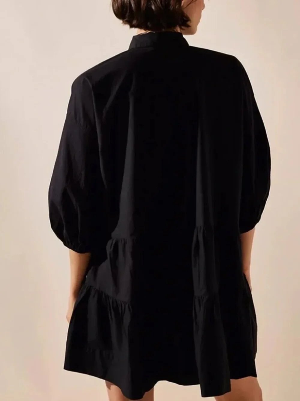 Free People Black Misha Mini Dress Size M Poplin 100% Cotton Tiered Babydoll